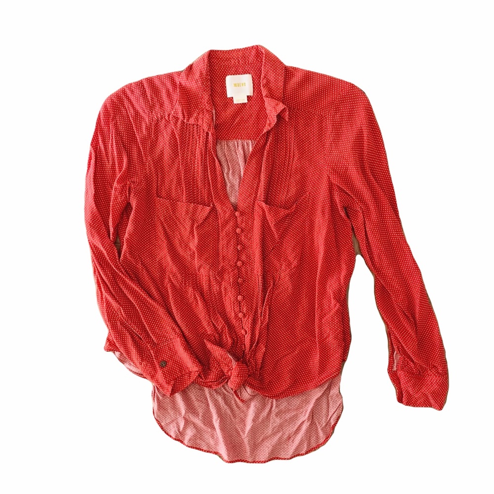 {Anthropologie, Maeve} Red Polka Dot Tie Front Pleated Blouse Size Medium